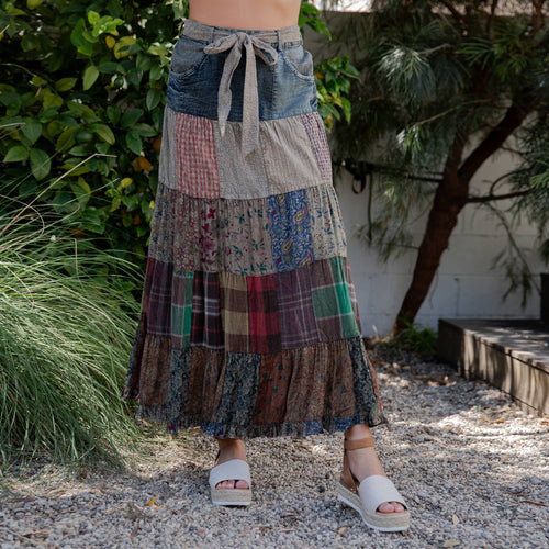 Young Threads - Western Boho Chic: Patchwork Belted Skirt  (New Color)
