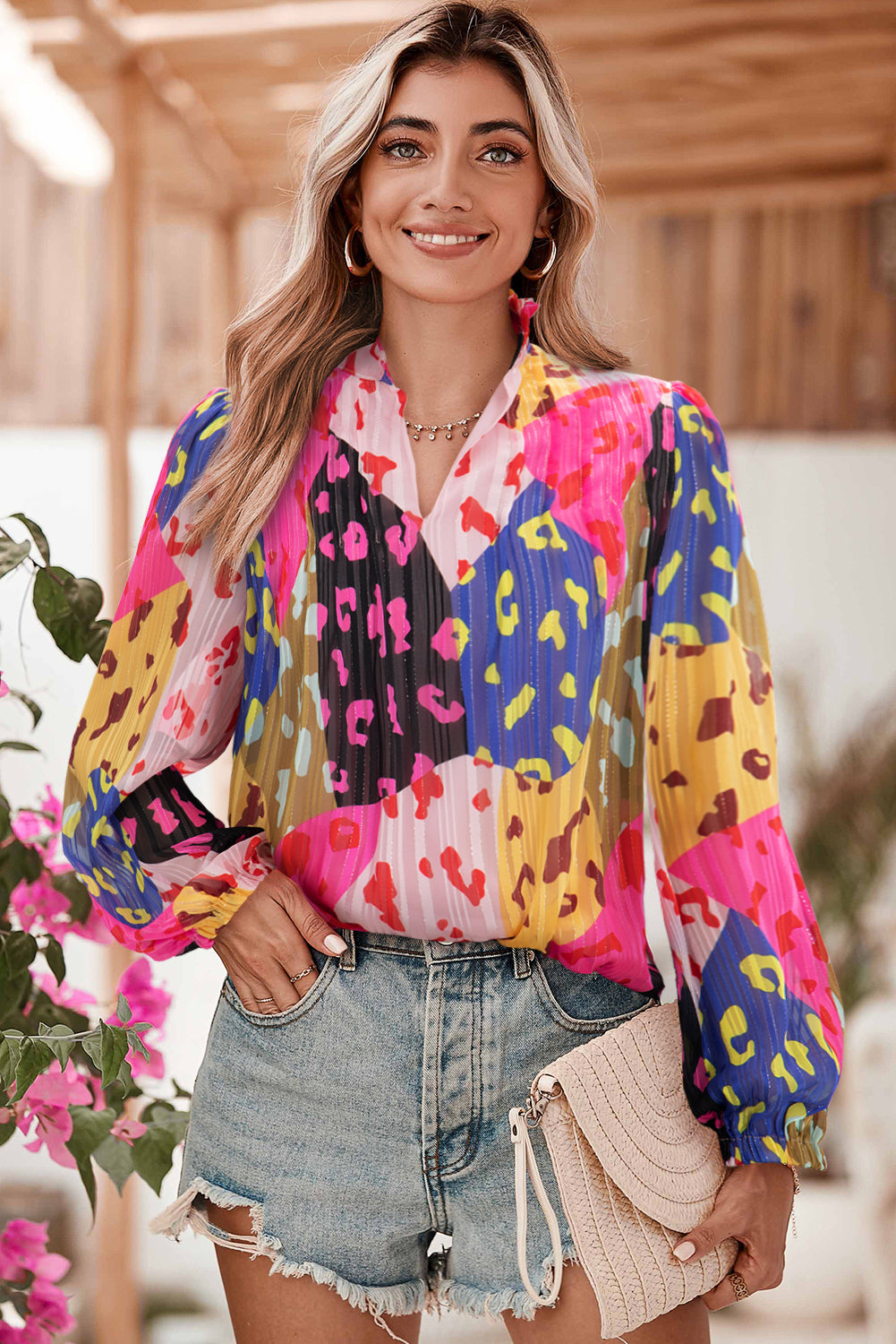 Orange Leopard Print Puff Sleeve Crinkle Blouse