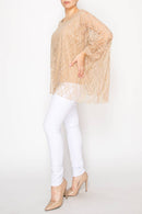 Origami Apparel ~  Lace and Crochet inspired - Subtly Glam Lace Overlay Top With Lining & Sparkles - 4853TAUPE
