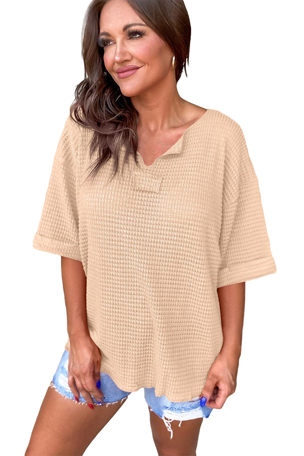 Strawberry Pink Textured Knit Split Neck Short Sleeve Top