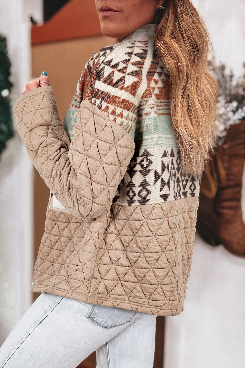 Light French Beige Geometric Quilted Patchwork Vintage Jacket