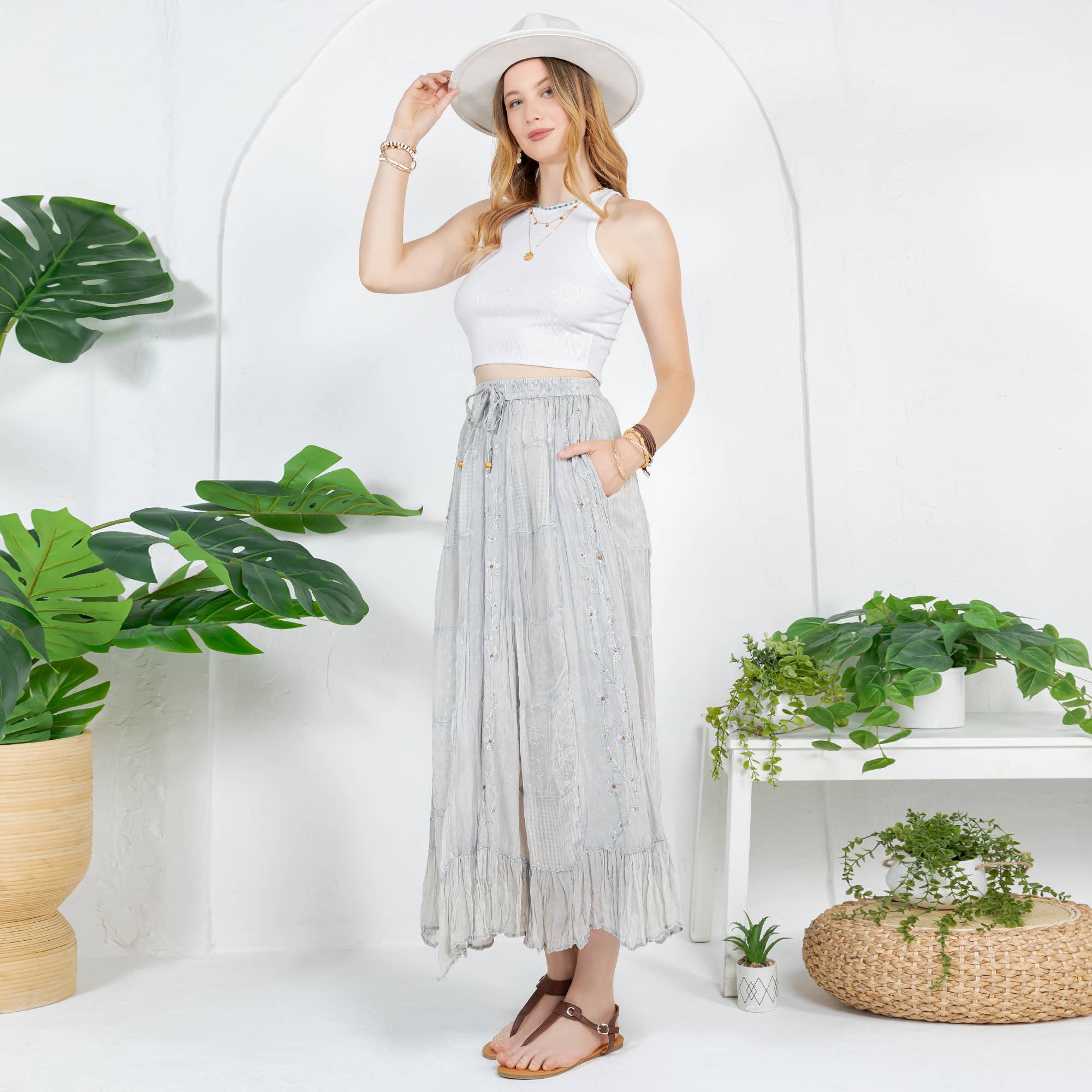 Young Threads - Women Patchwork Embroidered Maxi Skirt With Side Pockets: CHARCOAL TRIM / REGULAR (S-M-L-XL 1-2-2-1)