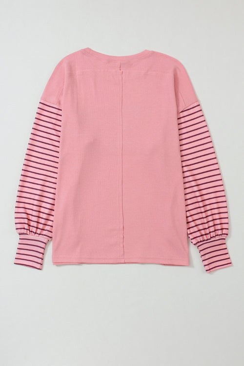 Khaki Colorblock Striped Bishop Sleeve Side Slits Top