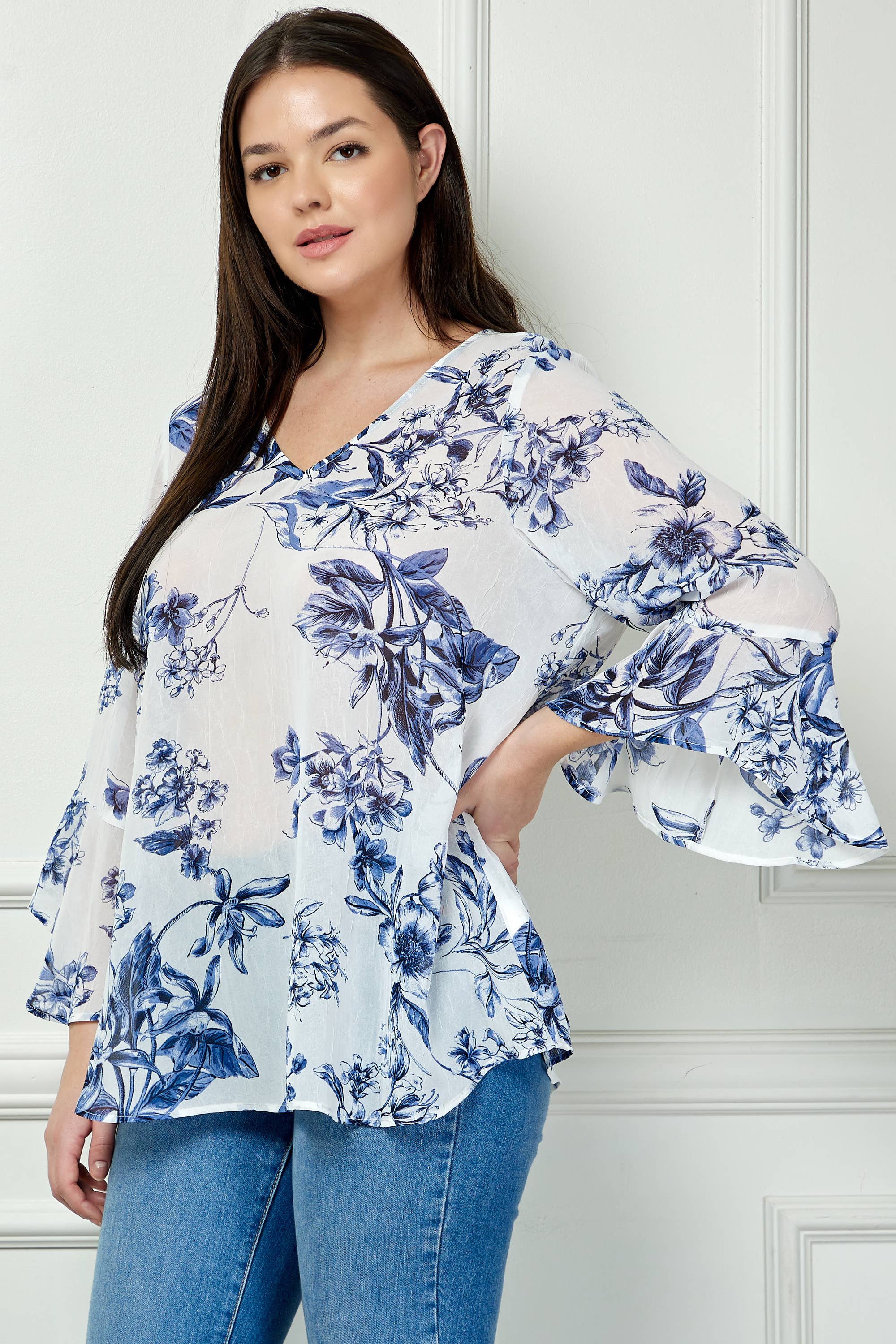 Winslow Collection - PLUS SIZE RUFFLE SLEEVE V-NECK SWING TOP
