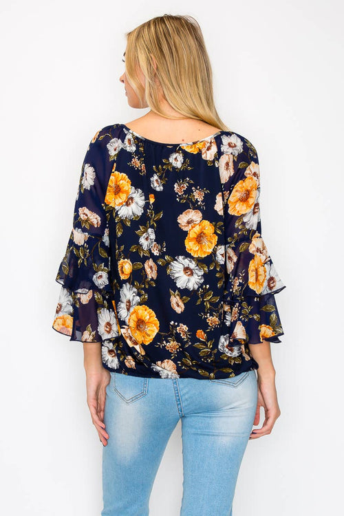 Perseption - Scoop Neck Double Ruffle Flounce Sleeve Blouse