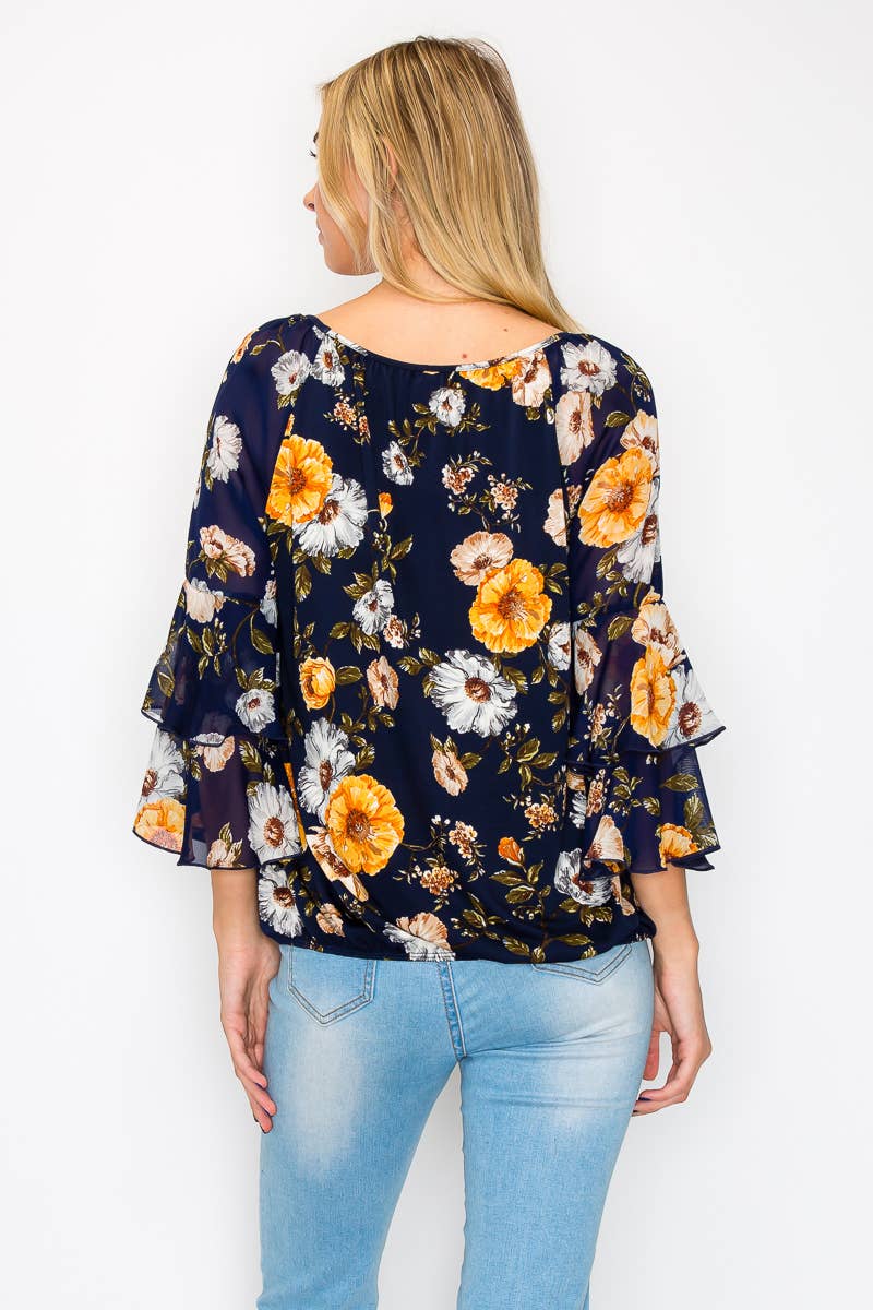 Perseption - Scoop Neck Double Ruffle Flounce Sleeve Blouse