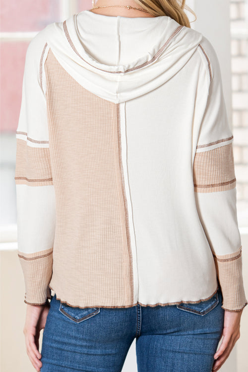 Gray Exposed Seam Ribbed Henley Hooded Long Sleeve Top