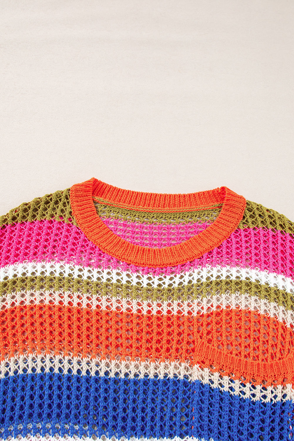 Pink Striped Color Block Hollow Crochet 3/4 Sleeve T Shirt
