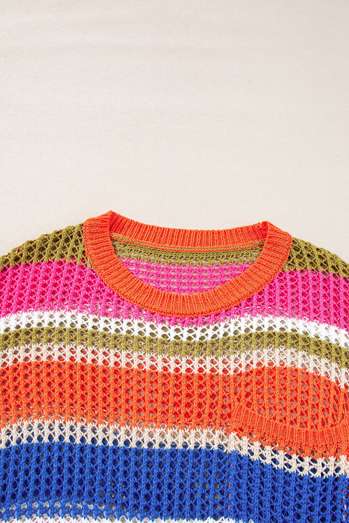 Pink Striped Color Block Hollow Crochet 3/4 Sleeve T Shirt