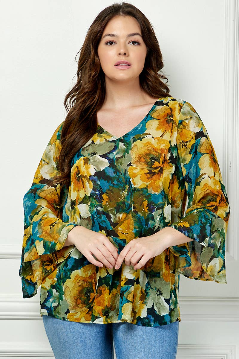 Winslow Collection - PLUS SIZE RUFFLE SLEEVE V-NECK SWING BLOUSE