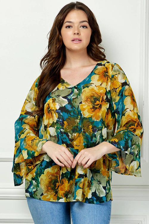 Winslow Collection - PLUS SIZE RUFFLE SLEEVE V-NECK SWING BLOUSE