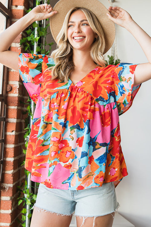 Sky Blue Boho Abstract Print V Neck Flutter Sleeve Blouse