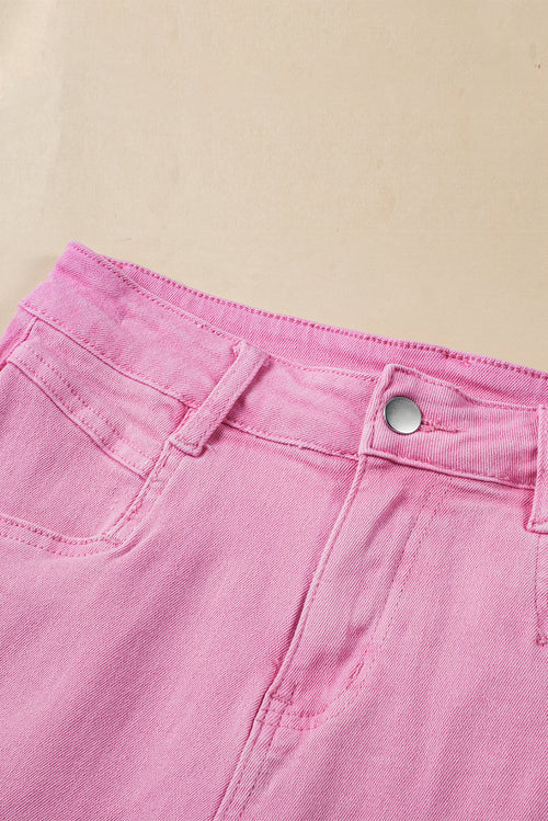Pink Casual Raw Hem Mid Rise Denim Shorts