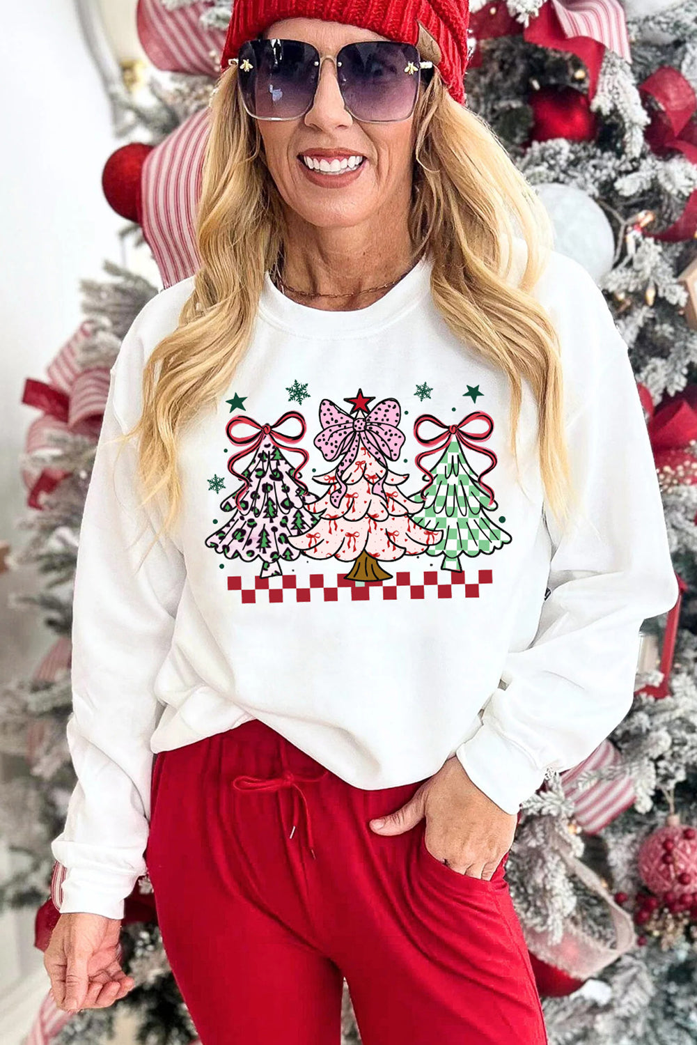 White Christmas Tree Graphic Heat Transfer Printing Holiday Sweatshirt