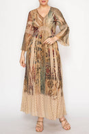 Origami Apparel ~  Lace and Crochet inspired - Romantic Lace Bell-Sleeved A-Line Midi Dress - 4658TP VINT BIRD