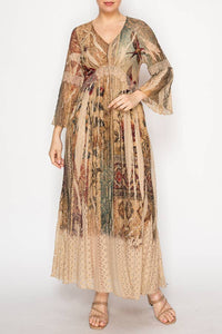 Origami Apparel ~  Lace and Crochet inspired - Romantic Lace Bell-Sleeved A-Line Midi Dress - 4658TP VINT BIRD