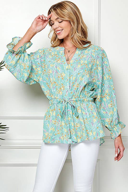 Shopin LA - CSP9143. - WOMEN MULTI COLOR RUFFLE DRAWSTRING BUTTON TOP