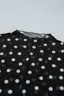 Black Plus Size Mock Neck Polka Dot Long Sleeve Mesh Top