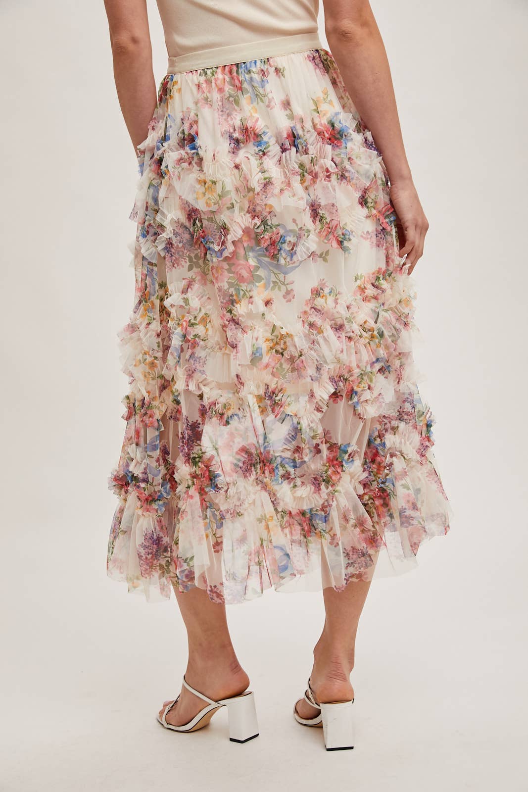 Bluivy - FLORAL RUFFLED MESH MIDI SKIRT