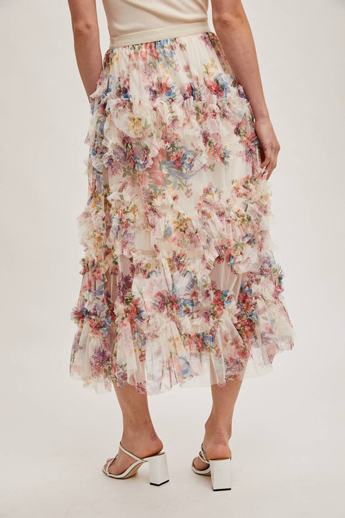 Bluivy - FLORAL RUFFLED MESH MIDI SKIRT
