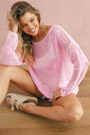 Light Grey 60s Flower Drop Shoulder Hollow Knit Top