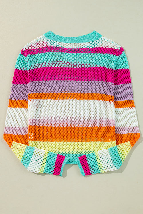 Green Colorblock Striped Hollow Knitted Top