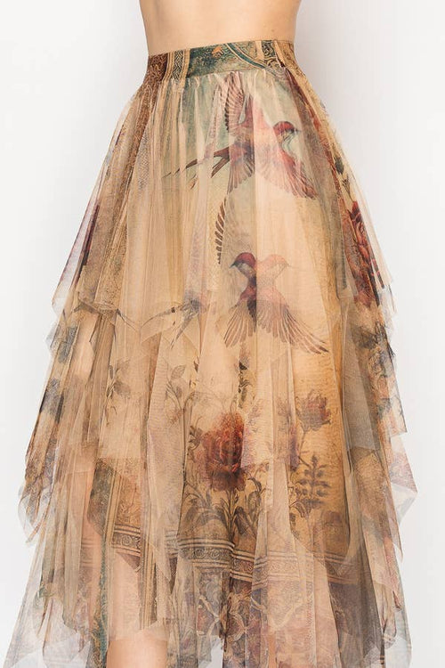 Origami Apparel ~  Lace and Crochet inspired - Dreamy Tiered Tulle Midi Skirt With Floaty Hem - 4546TP VINTAGE BIRD