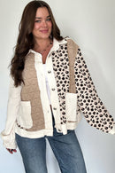 Khaki Leopard Waffle Quilted Patchwork Button Front Jacket