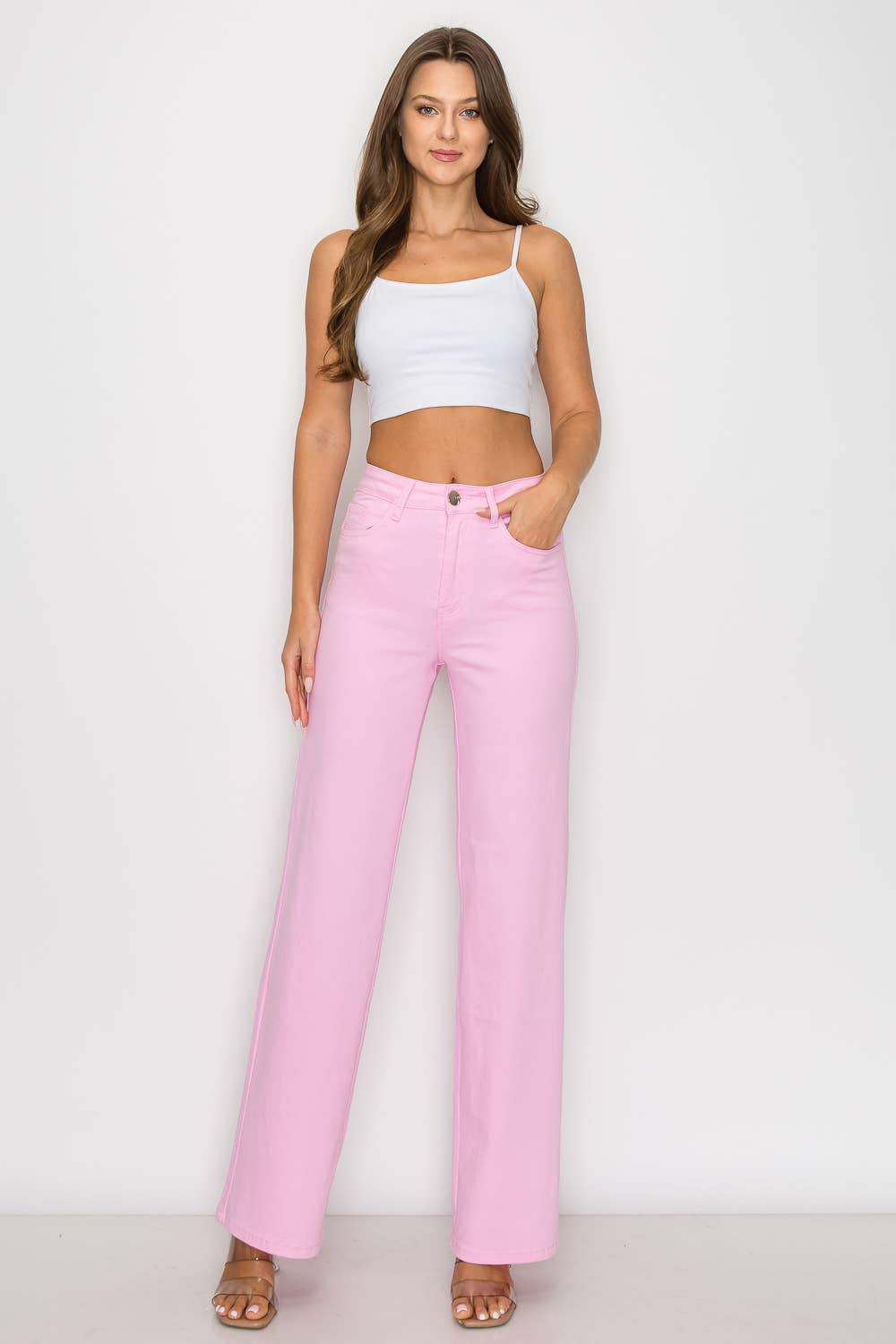 Denim Zone U.S.A. - LVB-200 LIGHT PINK HIGH WAISTED STRETCHY WIDE LEGS JEANS