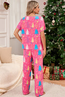 Rose Christmas Tree Print V Neck Tee and Pants Lounge Set