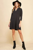 Shopin LA - Q2019D- WOMEN SOLID 3/4 SLEEVE MOCK V NECK TUNIC DRESS