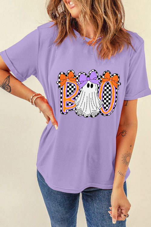 Wisteria Boo Checkered Ghost Heat Transfer Printing Crewneck Graphic Tee