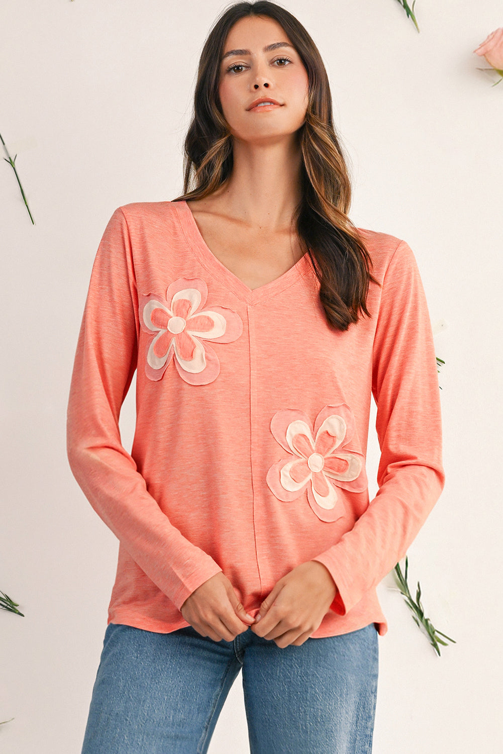 Fresh Salmon Floral Patched V Neck Long Sleeve Top