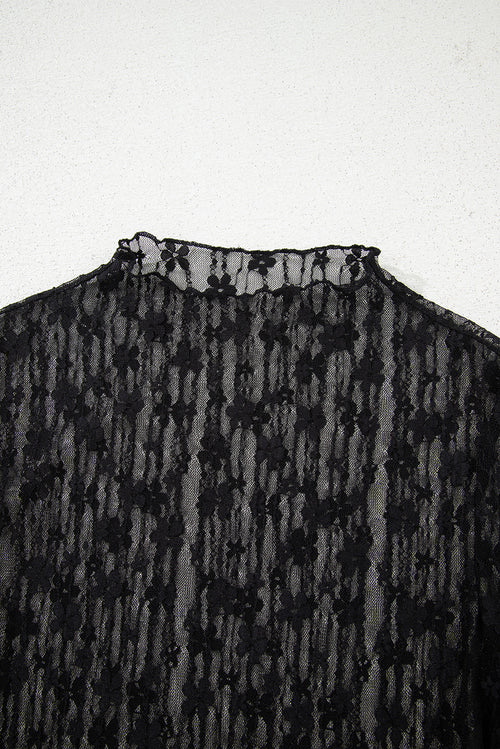 Black Sheer Floral Lace Long Sleeve Slim Fit Top