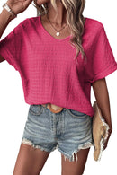 Bright Pink Textured Rolled Short Sleeve V Neck Blouse