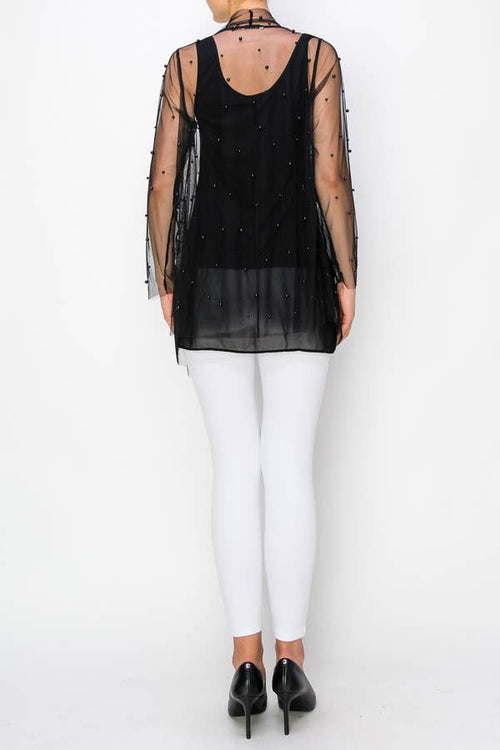 Origami Apparel ~  Lace and Crochet inspired - PEARL DETAILED MESH CARDIGAN OLS-4726 BLACK