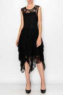 Origami Apparel ~  Lace and Crochet inspired - Whimsical Sleeveless Lace Midi Dress With Unattached Slip - 4609BLACK
