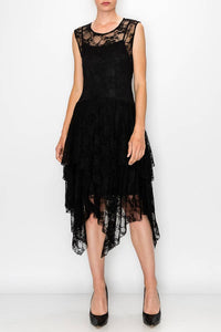 Origami Apparel ~  Lace and Crochet inspired - Whimsical Sleeveless Lace Midi Dress With Unattached Slip - 4609BLACK