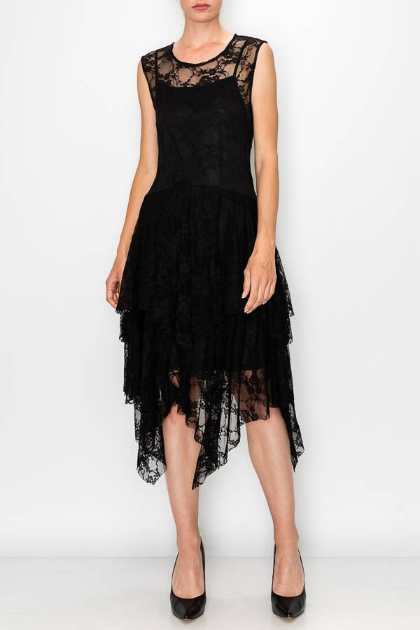 Origami Apparel ~  Lace and Crochet inspired - Whimsical Sleeveless Lace Midi Dress With Unattached Slip - 4609BLACK