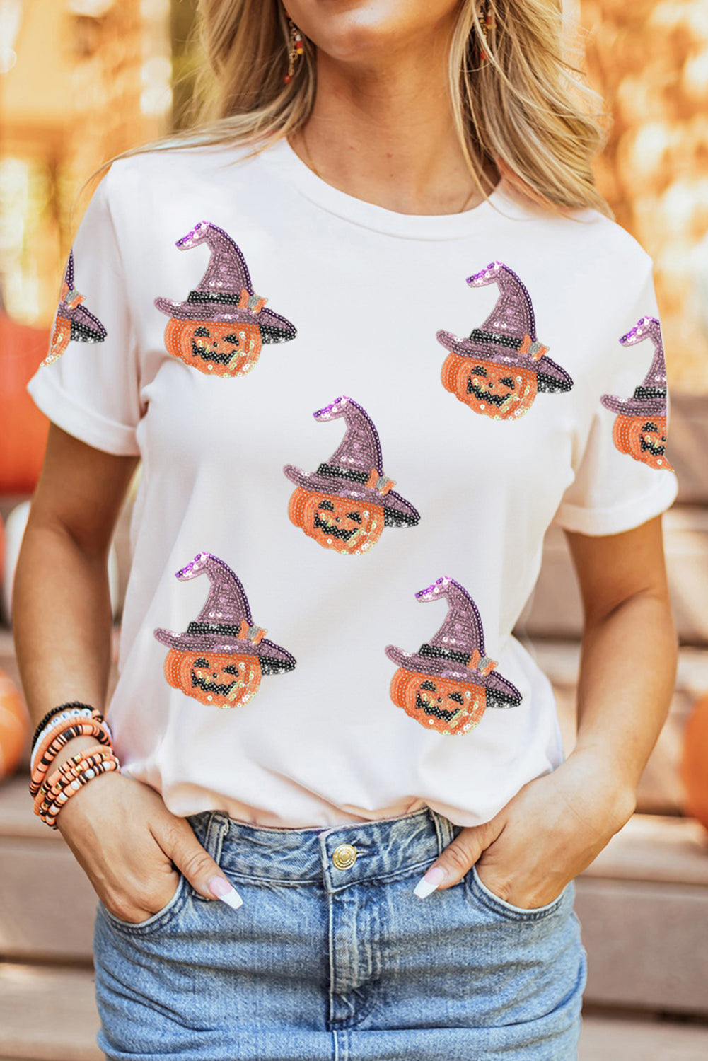 White Pumpkin Witch Sequins Patch Halloween Graphic Tee