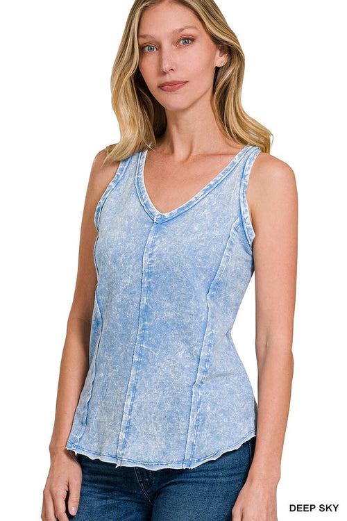 42POPS - `.SI-25350 Washed Raw Edge V Neck Sleeveless Top