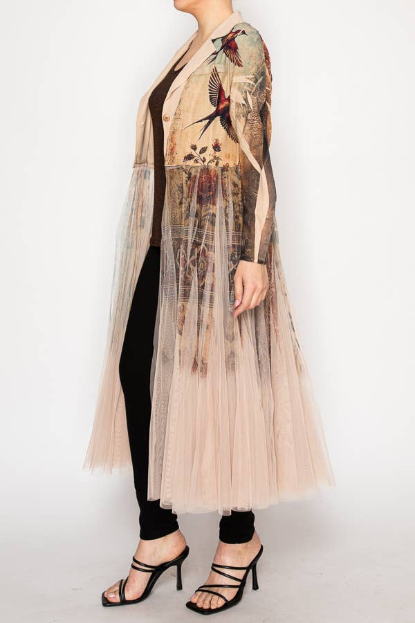 Origami Apparel ~  Lace and Crochet inspired - Chic Contrast Longline Blazer Jacket With Mesh Tulle Panel - 4773TP VINT BIRD