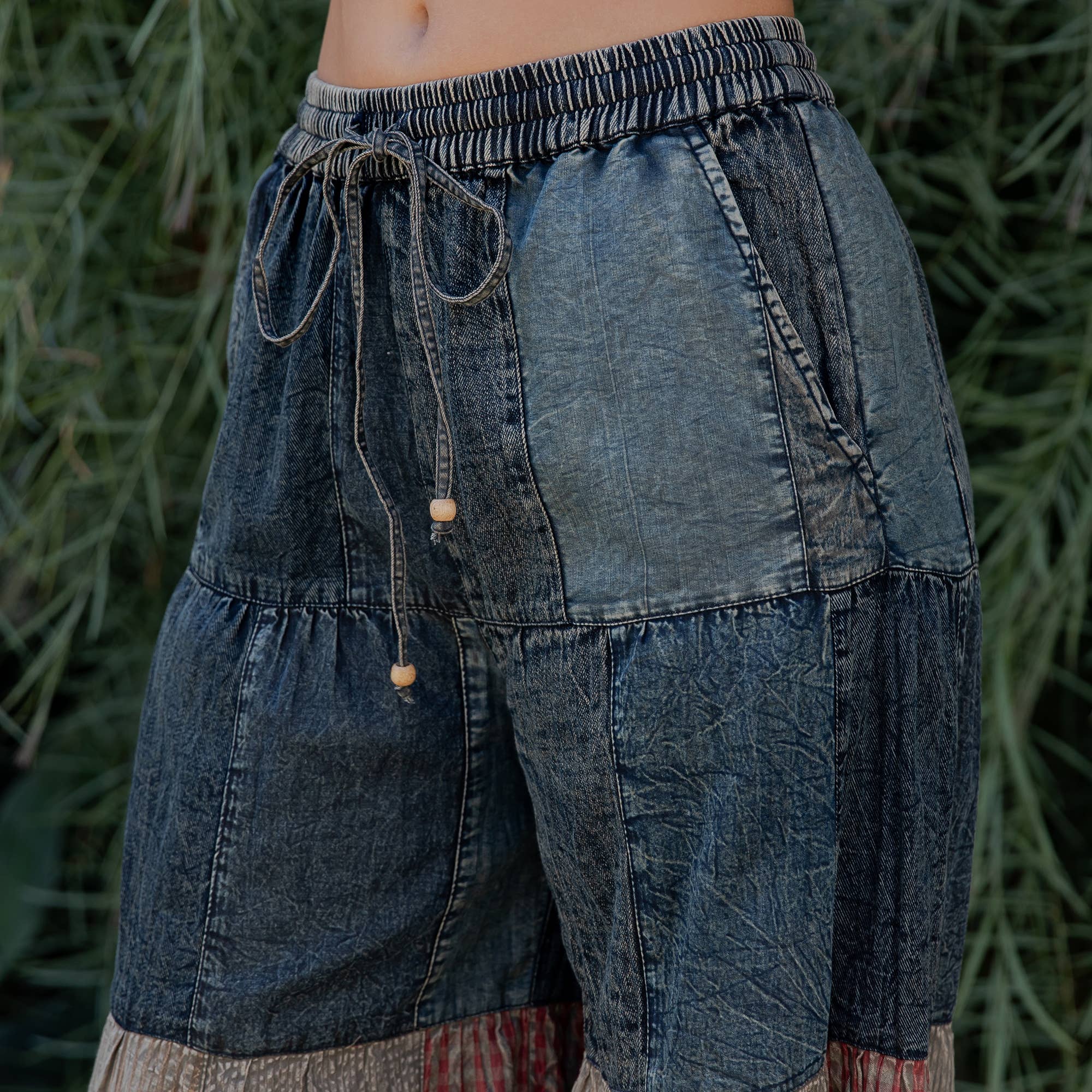 Young Threads - Boho chic Tiered Patch Inserted Denim &Knit Pants(New Color)