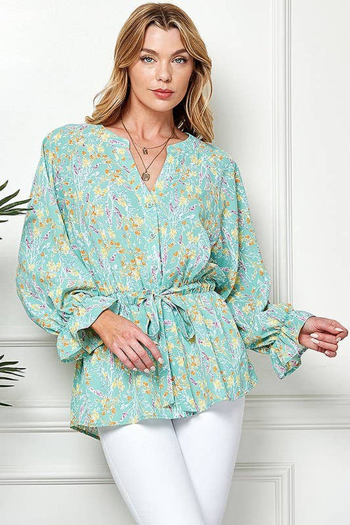 Shopin LA - CSP9143. - WOMEN MULTI COLOR RUFFLE DRAWSTRING BUTTON TOP