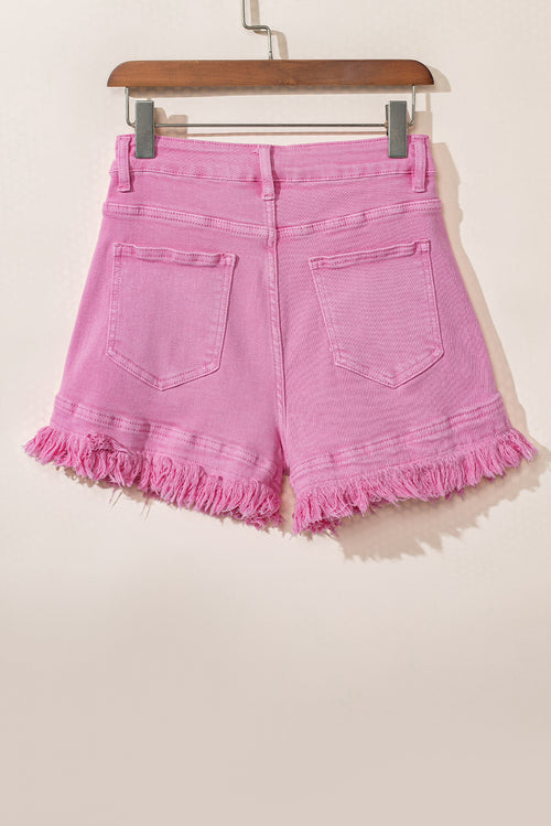 Pink Casual Raw Hem Mid Rise Denim Shorts