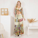 Young Threads - Bohemian Patchwork Set: Tie-Front Top & Flowing Tiered Pants
