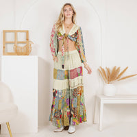 Young Threads - Bohemian Patchwork Set: Tie-Front Top & Flowing Tiered Pants