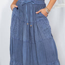 Young Threads - Retro Chic Crinkled Tiered Green Skirt With Mixed Embroidery Patch