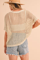 Apricot Fishnet Knit Ribbed Round Neck Short Sleeve Tee