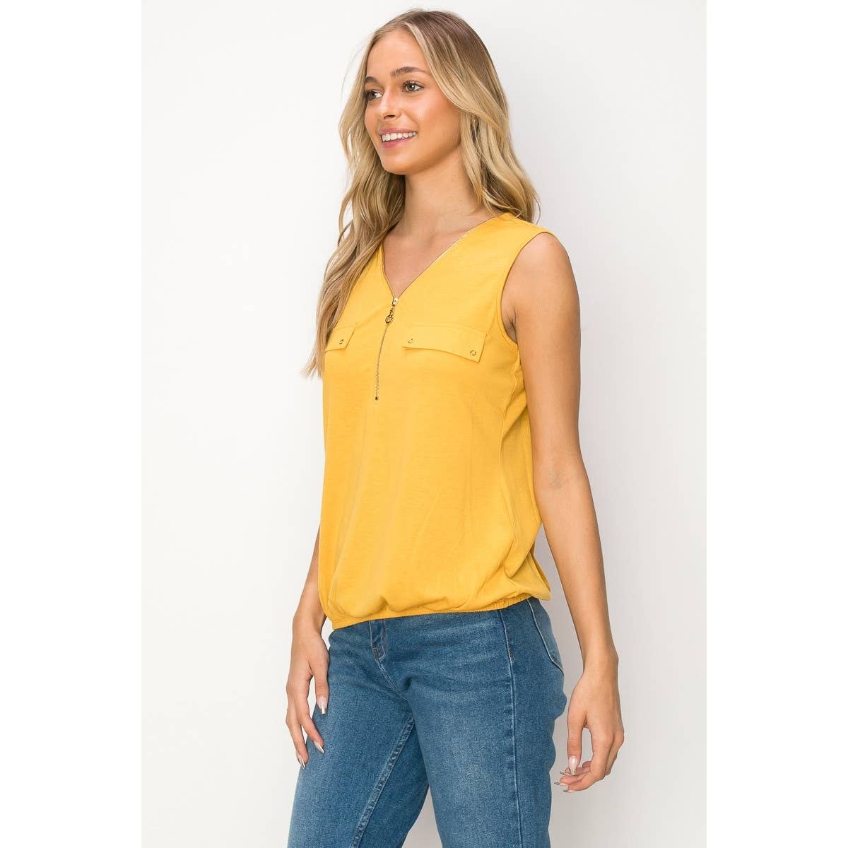 Perseption - Zipper Placket Front V Neck Sleeveless Knit Top